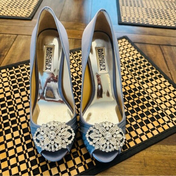 Badgley Mischka Desi Peep Toe Pump Heels Blue Haze Size 6 – Old Hollywood Glam - Picture 6 of 14